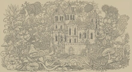 Obraz premium Overgrown Castle with Magical Flora Line Art