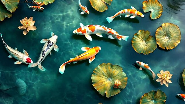 Koi Fish Swimming in a Lily Pond