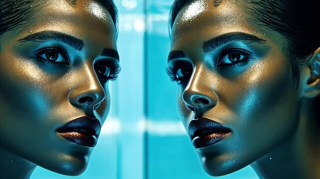 Golden mirrored faces, underwater, close up