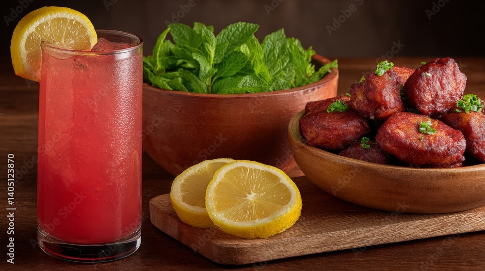 Aufkleber red beverage with ice and lemon served in tall glass placed beside plate with three visible sausages