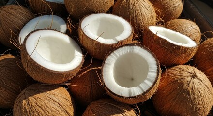 Pile of Freshly Cracked Coconuts with White Flesh Under Harsh Direct Sunlight