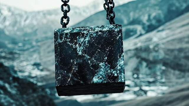 Heavy block hanging from chains in mountain valley