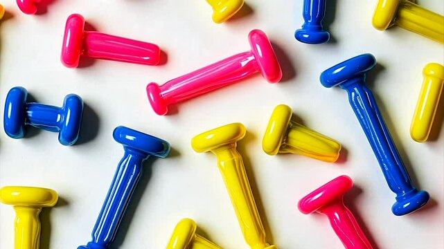 Colorful plastic columns scattered on white surface