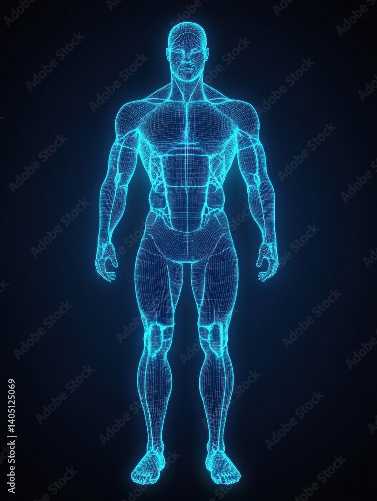 Aufkleber 3d wireframe mesh of human muscle structure with glowing contours on black background showcasing det