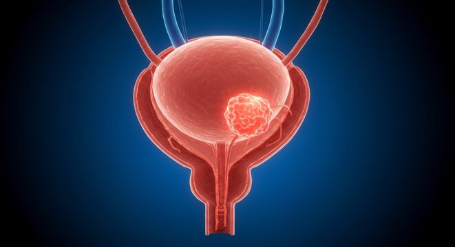 Detailed medical illustration of a human bladder with a prostate tumor growth