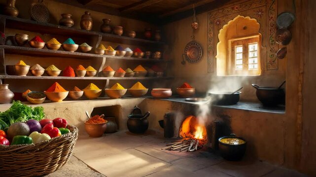 Traditional Indian kitchen with colorful spices and fresh vegetables
