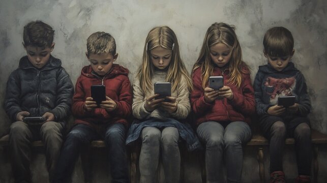 Five children engrossed in their smartphones, sitting together.