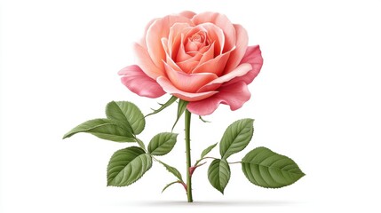 Fototapeta premium A beautiful pink rose with lush green leaves, symbolizing love and elegance, displayed against a clean, white background.
