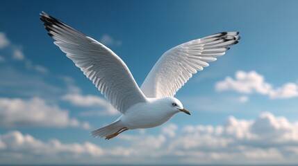 A majestic white bird soaring through a bright blue sky, with expansive wings spread wide against a backdrop of fluffy clouds.