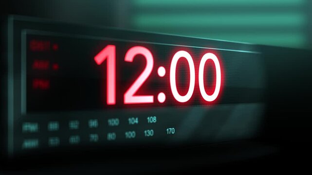 Camera pans across old digital clock as time arrives at 12 AM