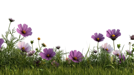 PNG of A vibrant display of purple and pink cosmos flowers swaying gently in a lush green meadow.