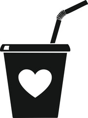 Obraz premium Vector Black and White Icon of Takeaway Cup with Heart-Shaped Design and Drinking Straw