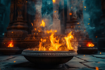 Fiery Flames Within Ancient Stone Bowl At Night