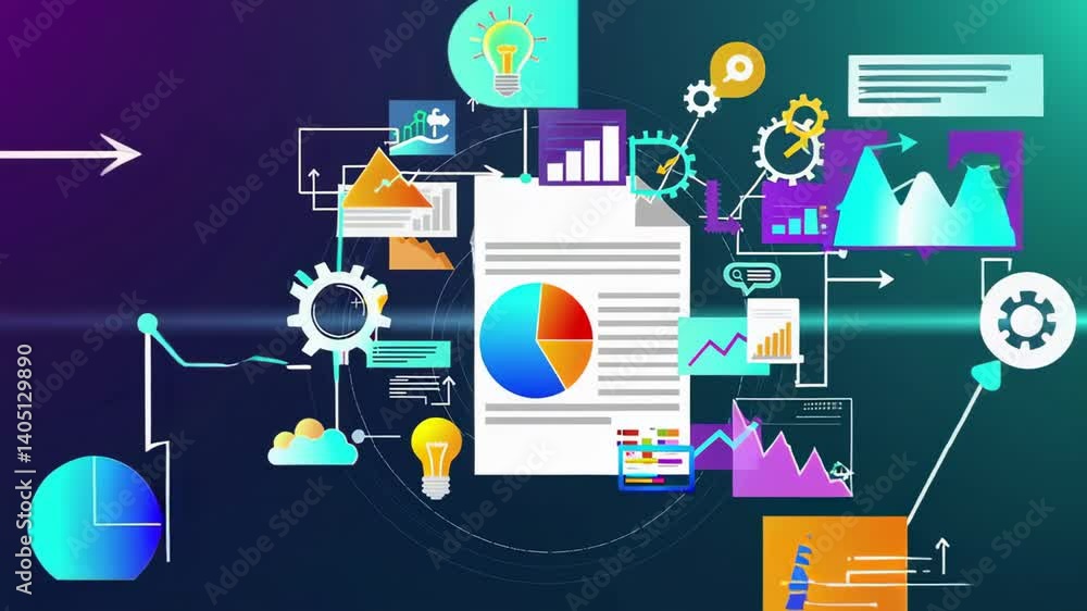 Poster Colorful animation showcasing a business report with dynamic charts, graphs, and data visualization elements, representing financial analysis, market research, and strategic planning