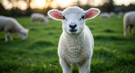 Fototapeta premium Inquisitive Lamb Gazing Directly at the Viewer in a Meadow at Sunset