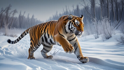 Tiger in a snow on winter background. New Year card