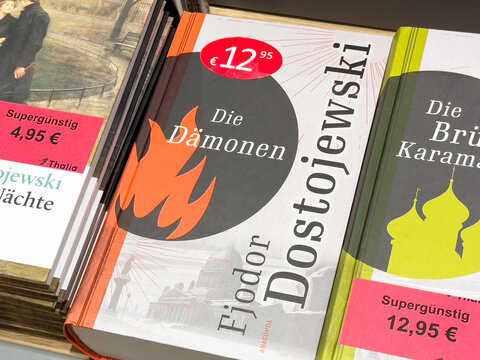 Bookshelf display of german editions of dostoevsky novels