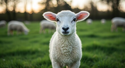 Fototapeta premium Charming closeup of a fluffy white lamb staring directly at the camera with curiosity