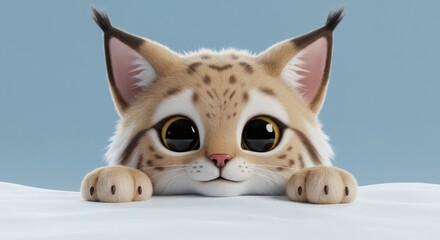 Fototapeta premium Adorable Cartoon Lynx Cub Peeking Over a White Surface with Big Eyes