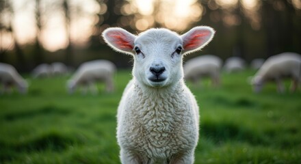 Obraz premium Innocent gaze of a fluffy white lamb in sunlit meadow, spring pasture