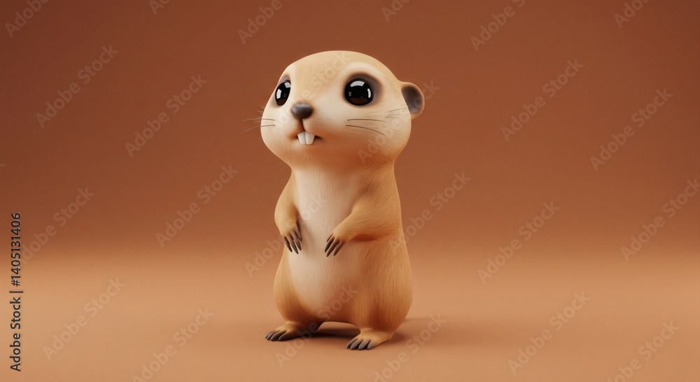 Poster adorable cartoon gopher with big eyes standing in a simple brown studio setting