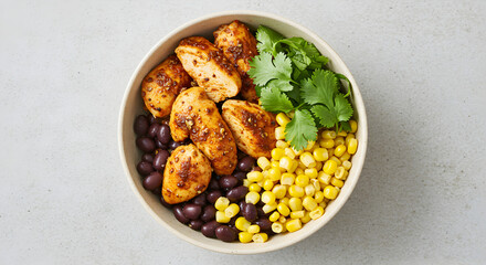 Fototapeta premium Nutritious Bowl Of Chicken With Fresh Corn And Black Beans Meal
