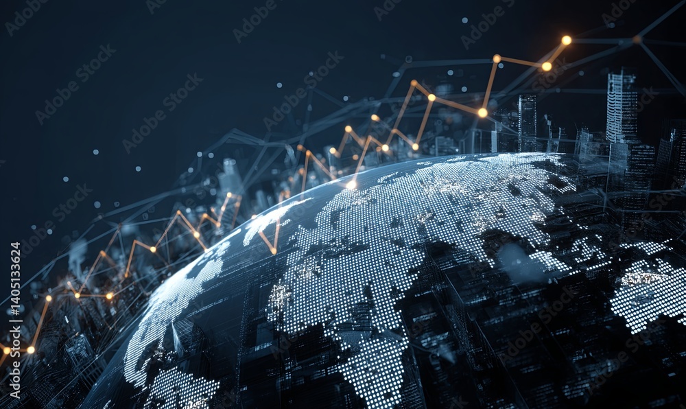 Poster visualizing global data trends with a digital world map and charts
