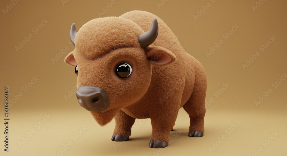 Poster charming cartoon bison rendering with furry texture and detailed design elements