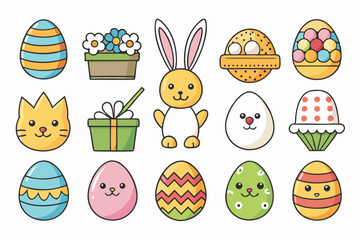 Easter Icons Vector Set – Colorful Eggs, Bunny, Flowers, and Spring Holiday Elements