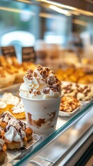 A chilled treat with whipped cream and nuts.