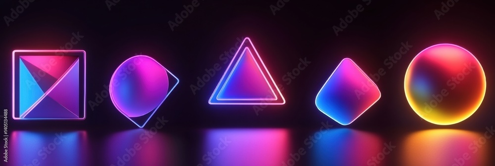 Poster Neon gradient sticker shapes with glossy reflections on a deep black background create a captivating visual contrast