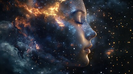 Obraz premium Cosmic woman's ethereal profile, bathed in stardust.