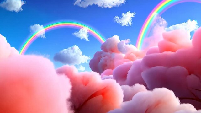 Vibrant clouds with rainbows arching through a colorful sky, creating a dreamlike atmosphere