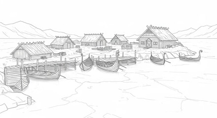 Line Art of a Viking Village by a Frozen Lake