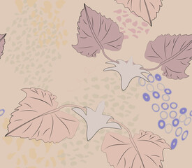 Stylized image of grape leaves, berries, tendrils in a seamless western pattern.