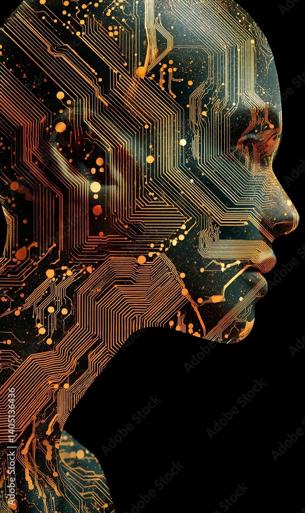 Poster digital artwork depicting a human face with circuit patterns