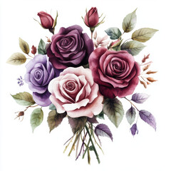 Beautiful watercolor bouquet featuring purple, pink, and white roses with green leaves, creating vibrant and elegant floral arrangement