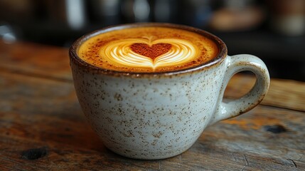 Aromatic Latte Art: Heart-Shaped Cappuccino in Rustic Mug