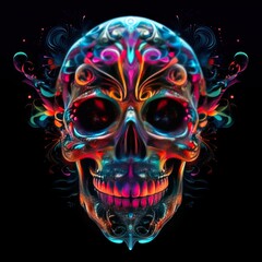 Fototapeta premium 3D colorful digital art of an intricate skull with vibrant colors, dark background