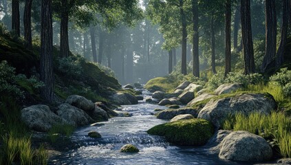 Obraz premium A flowing river weaves through a lush forest scene creating tranquility