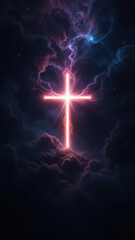 A dramatic digital artwork featuring a cross shining with light above stormy clouds.