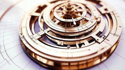Intricate golden mechanical device showcasing gears and patterns on a white background