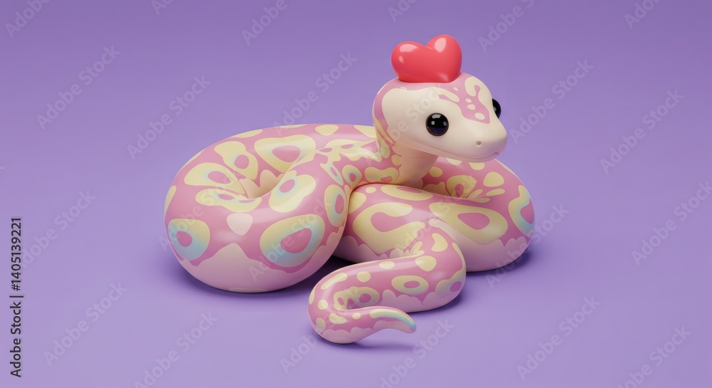 Poster pastel python with love: charming 3d render on soft purple background, isolated view