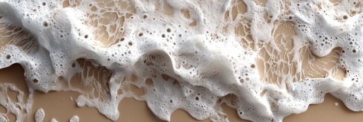 sea waves with white foam on a sandy beach, top view, aerial photograph