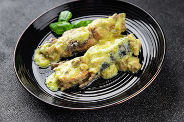 Mackerel mustard sauce canned food fish fillet seafood natural food dish organic product fresh tasty gourmet food background on the table rustic food top view copy space keto paleo pescetarian diet
