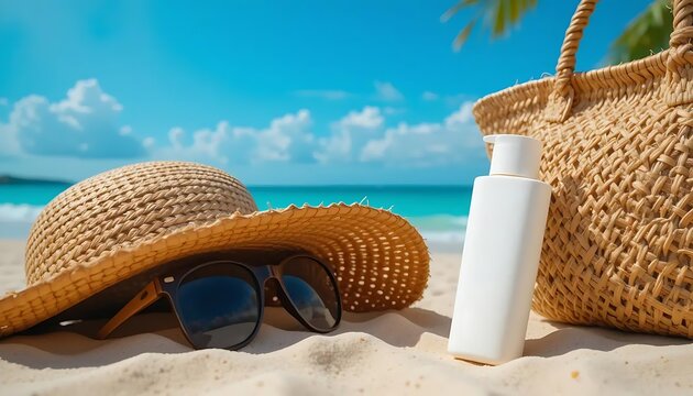 Straw beach hat, sun glasses, sunscreen bottle with no text, and straw hand bag on the sand beach in tropical beach. Holiday concept