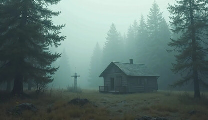 Lonely Cabin in Foggy Pine Forest