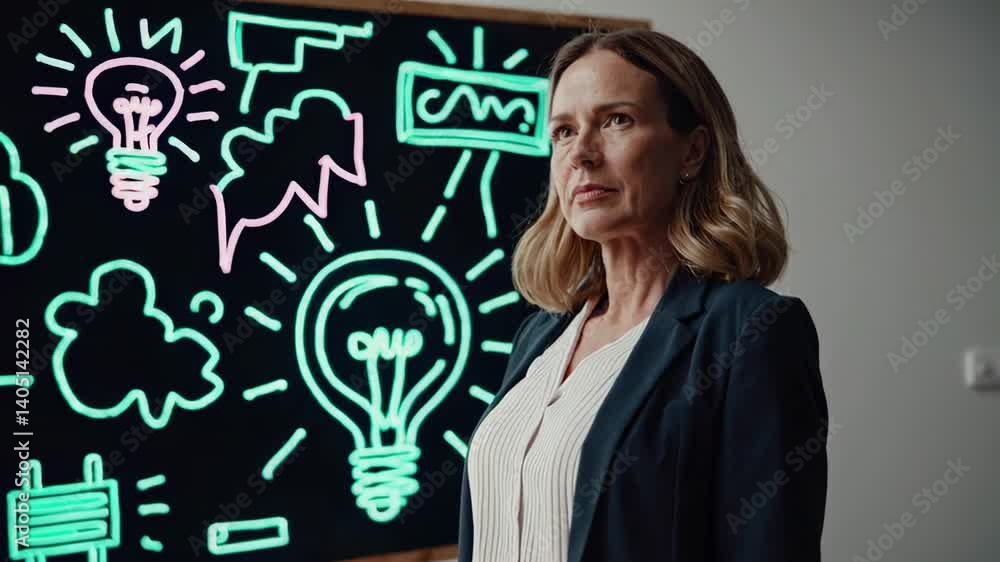Poster confident businesswoman wearing professional attire standing near blackboard with lightbulb sketches