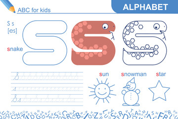 Letter S. Alphabet. Fun ABC for kids. Learning English. Snake. Writing practice and coloring task page. Worksheet for school or home. Sketch vector illustration