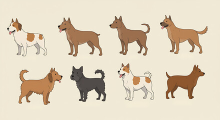 Diverse canine silhouettes, assorted coats and tails, graphic illustration.